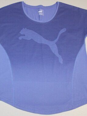 Womens PUMA Big Logo Short Sleeve Shirt Medium Blue Striped Cotton Athletic Gym